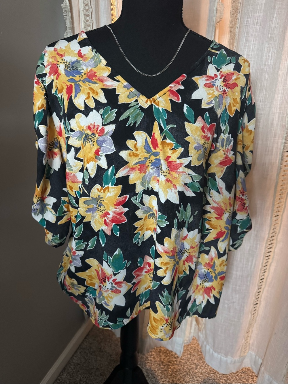 Ava & Viv Black Floral Top with Yellow and Green Accents